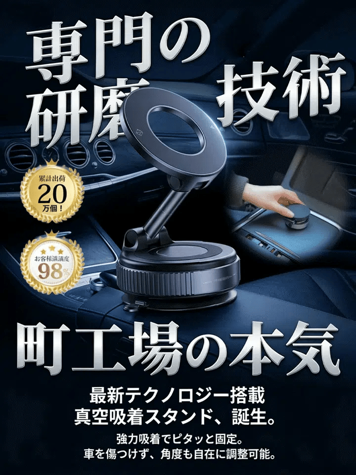 PITAMAG 真空吸着 スマホホルダー 車載 折りたたみ 360°回転 マグネット式 ワイヤレス充電対応